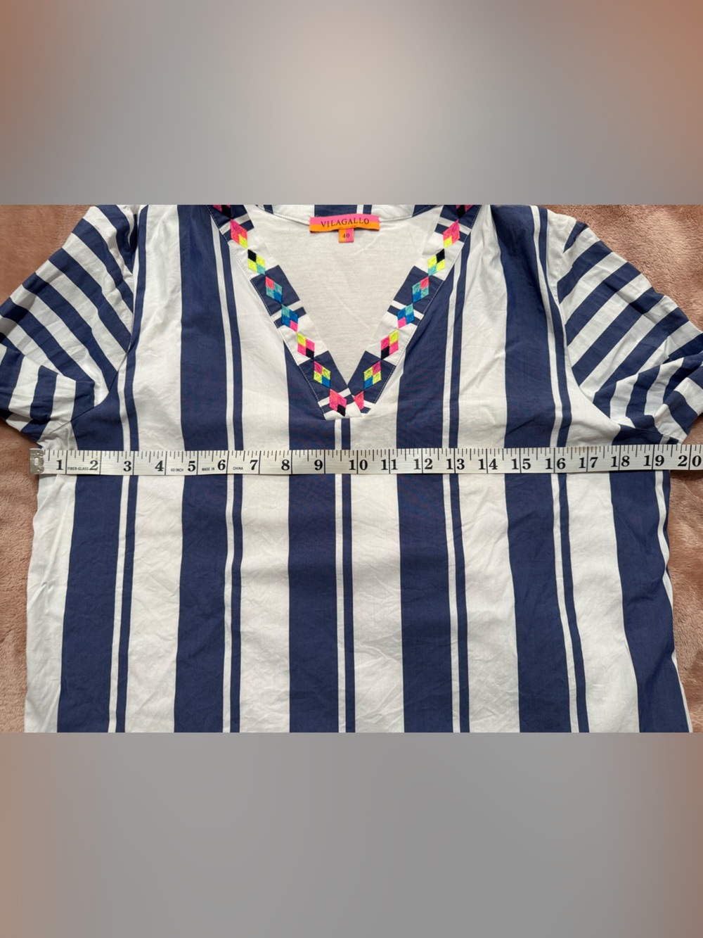 Vilagallo Striped Mixed Media 3/4 Sleeve Top with Neon Embroidery, Size 40 (M) - Picture 7 of 8